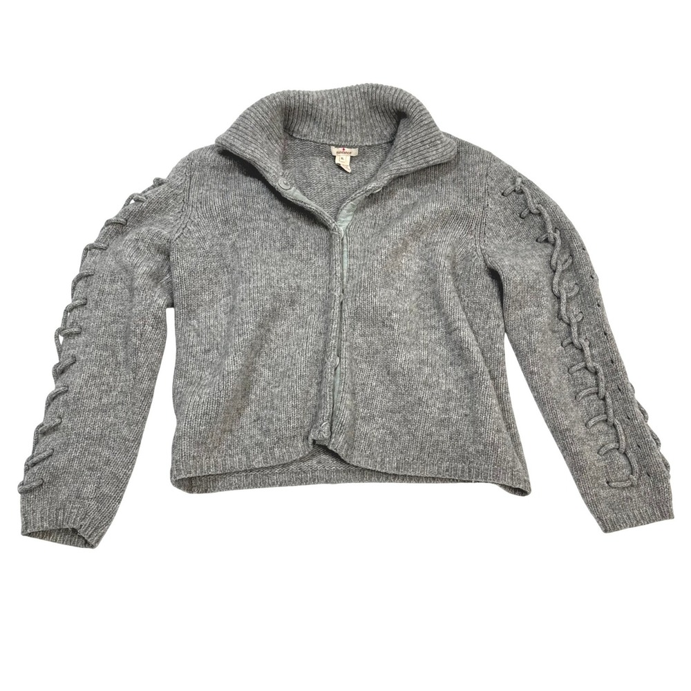 Sundance Gray Lambswool Lace Up Sleeve Cardigan Sweater Concealed Buttons XL